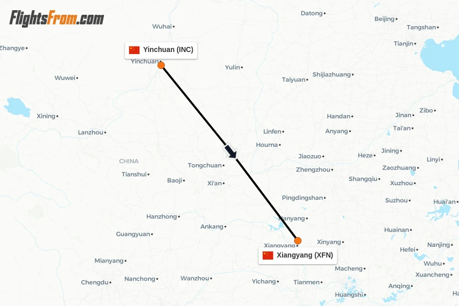 Flights from Yinchuan to Xiangyang route map