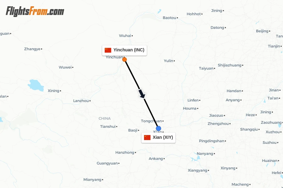 Flights from Yinchuan to Xian route map