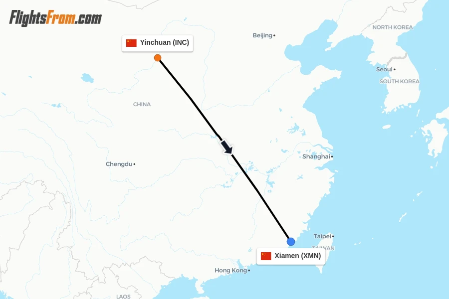 Flights from Yinchuan to Xiamen route map