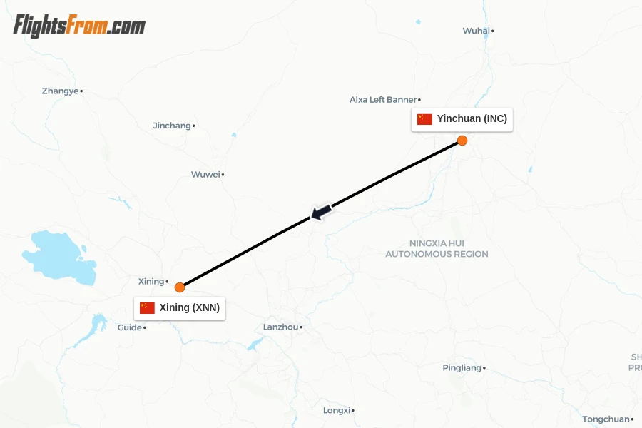 Flights from Yinchuan to Xining route map