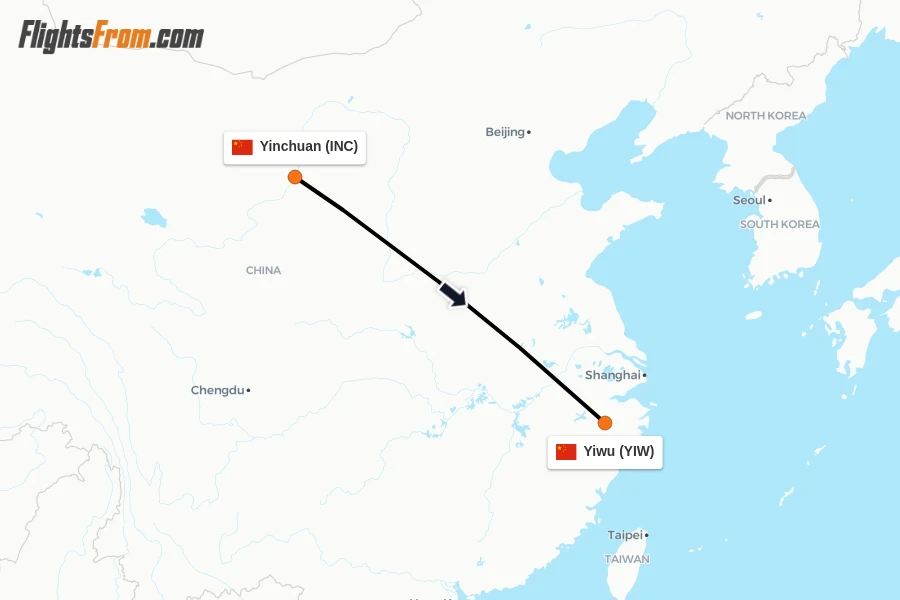 Flights from Yinchuan to Yiwu route map