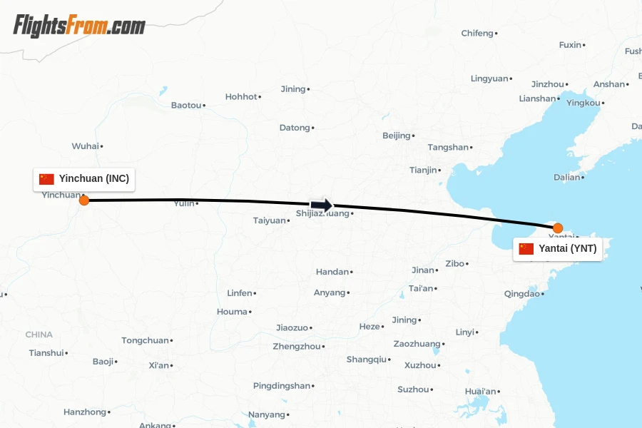 Flights from Yinchuan to Yantai route map