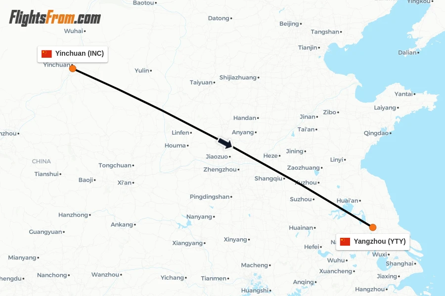 Flights from Yinchuan to Yangzhou route map
