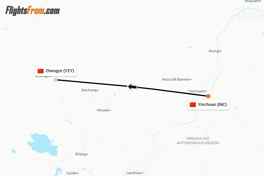 Flights from Yinchuan to Zhangye route map