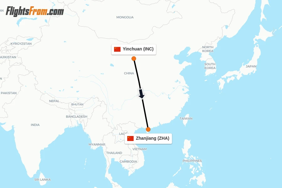 Flights from Yinchuan to Zhanjiang route map