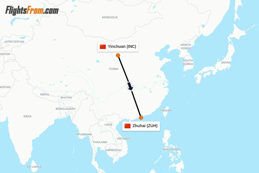 Flights from Yinchuan to Zhuhai route map