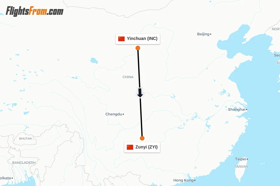 Flights from Yinchuan to Zunyi route map