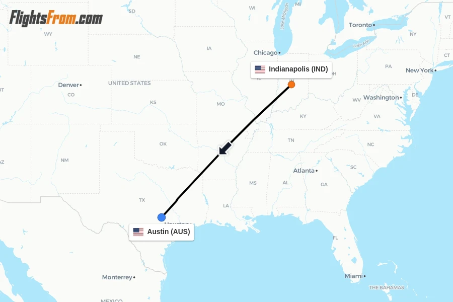 Flights from Indianapolis to Austin route map