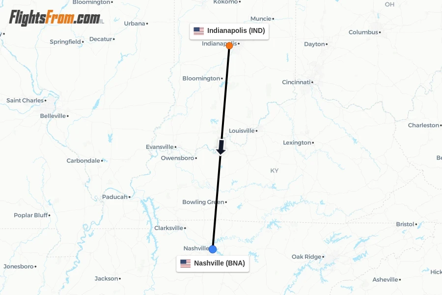 Flights from Indianapolis to Nashville route map