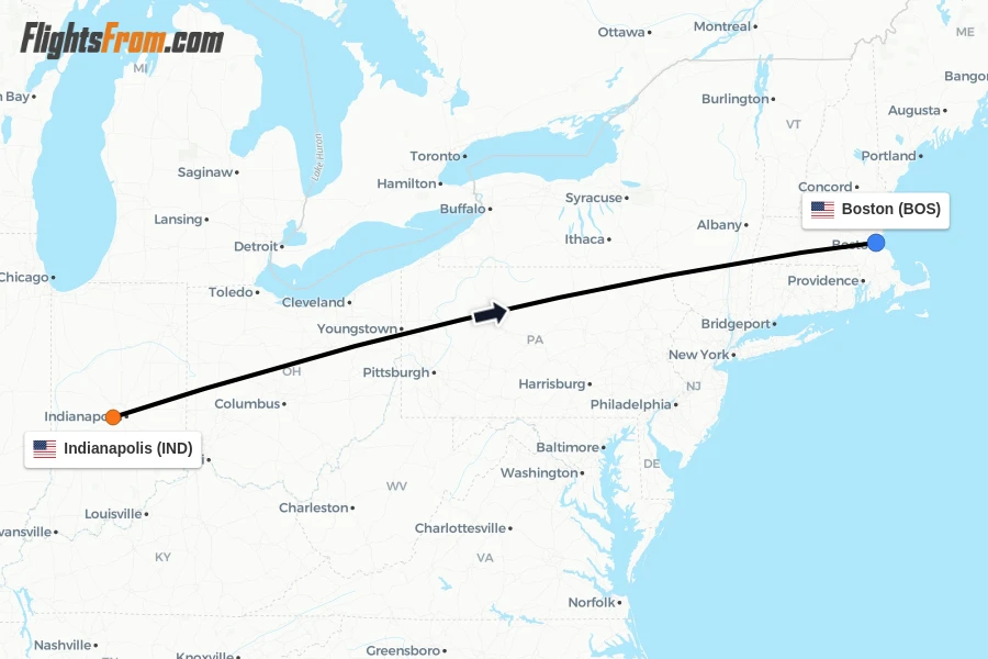 Flights from Indianapolis to Boston route map