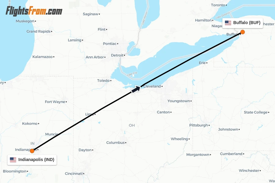 Flights from Indianapolis to Buffalo route map