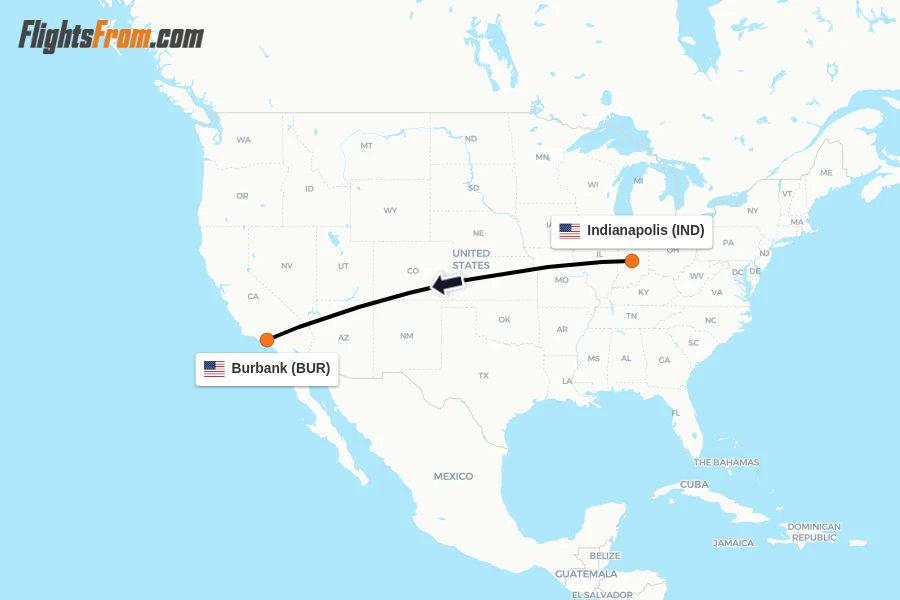 Flights from Indianapolis to Burbank route map