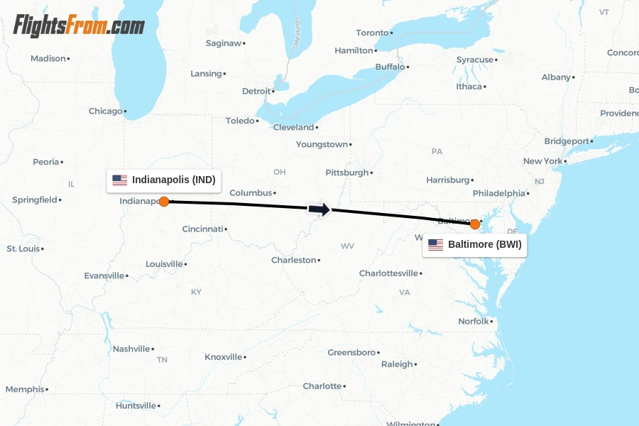 Flights from Indianapolis to Baltimore route map