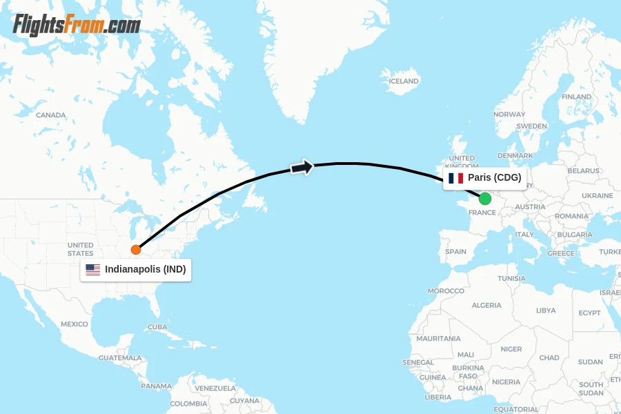 Flights from Indianapolis to Paris route map