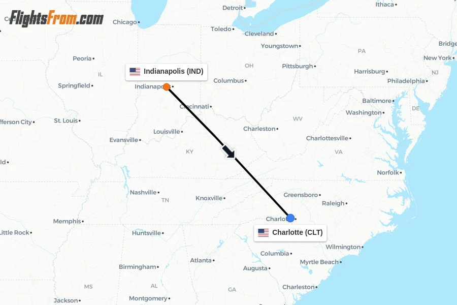 Flights from Indianapolis to Charlotte route map