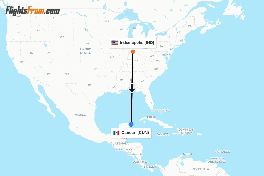 Flights from Indianapolis to Cancun route map