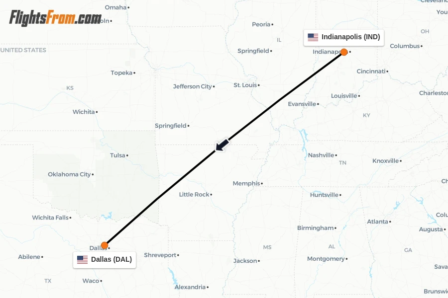 Flights from Indianapolis to Dallas route map