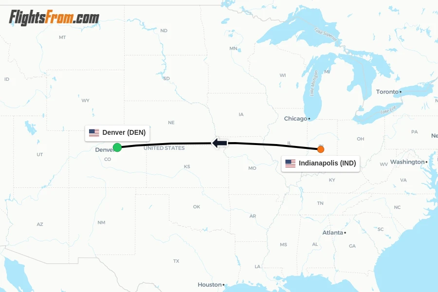 Flights from Indianapolis to Denver route map