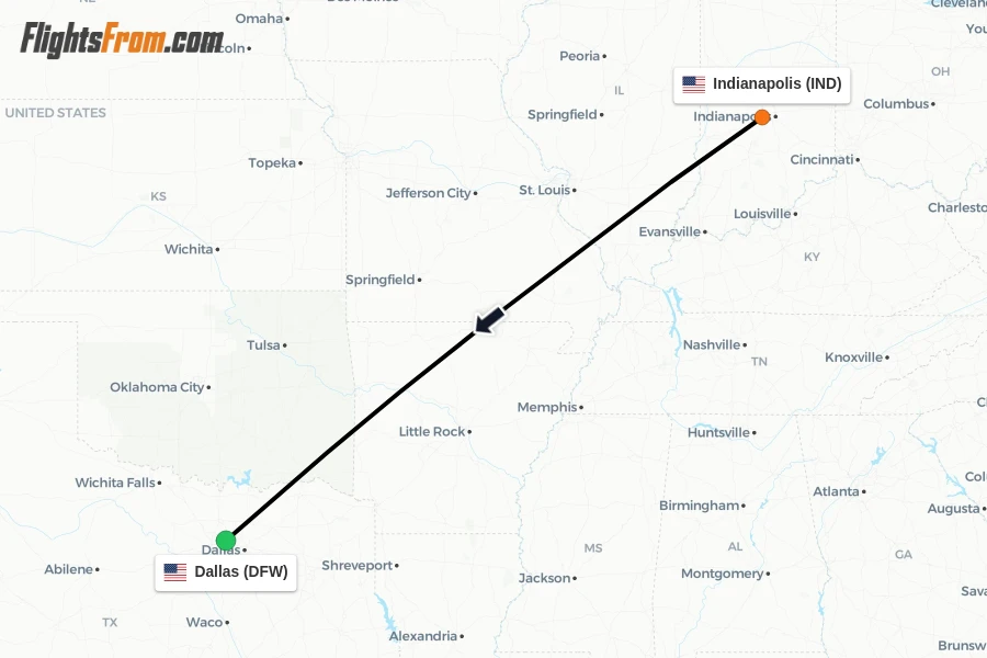 Flights from Indianapolis to Dallas route map