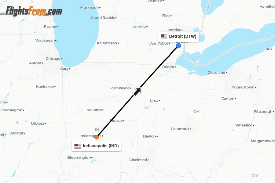 Flights from Indianapolis to Detroit route map