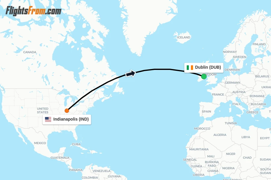Flights from Indianapolis to Dublin route map