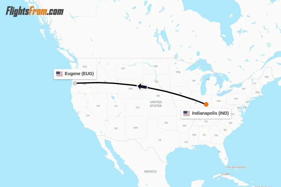 Flights from Indianapolis to Eugene route map
