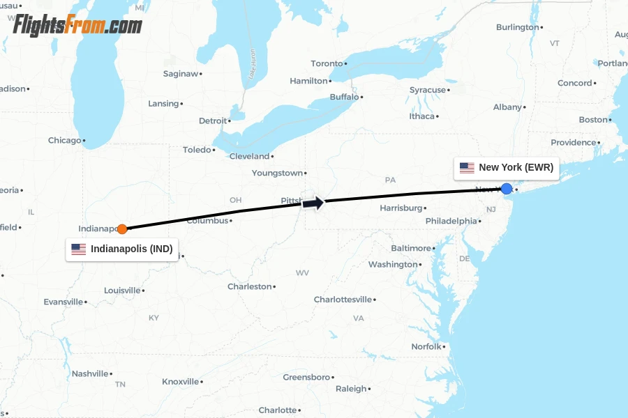 Flights from Indianapolis to New York route map