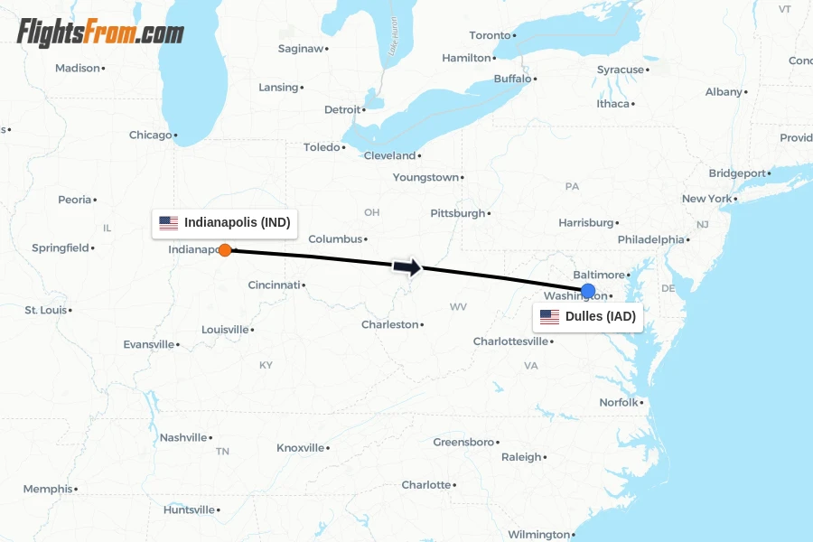 Flights from Indianapolis to Dulles route map