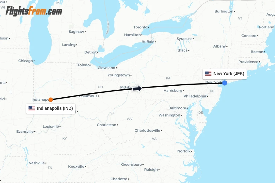 Flights from Indianapolis to New York route map