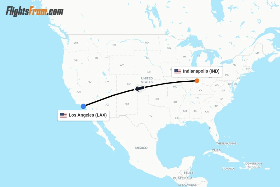 Flights from Indianapolis to Los Angeles route map