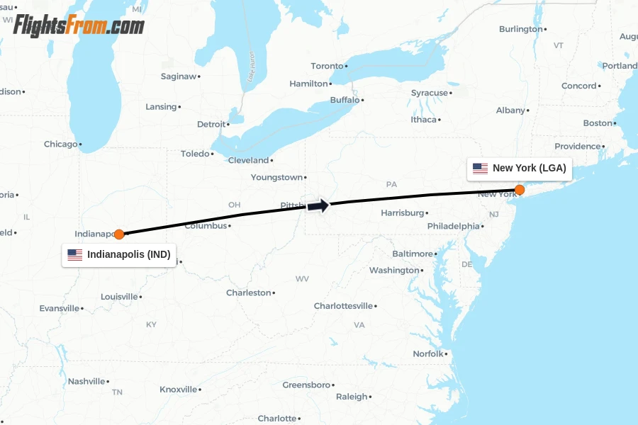 Flights from Indianapolis to New York route map