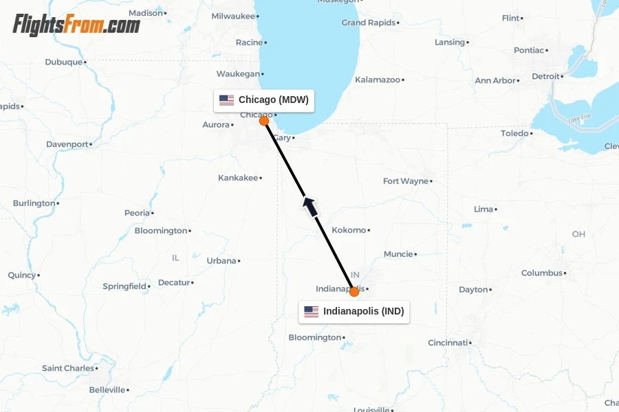 Flights from Indianapolis to Chicago route map
