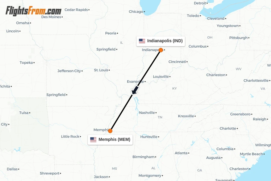 Flights from Indianapolis to Memphis route map