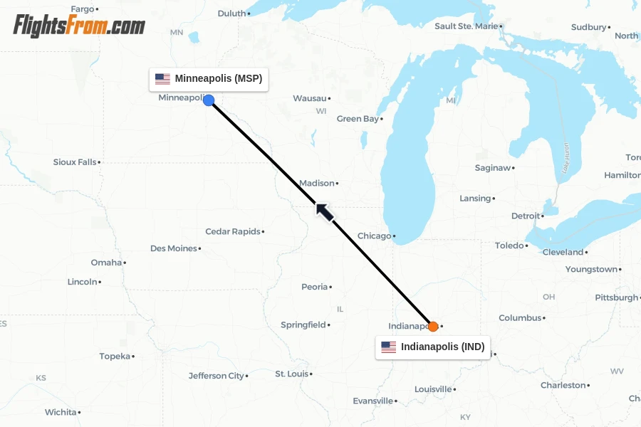 Flights from Indianapolis to Minneapolis route map