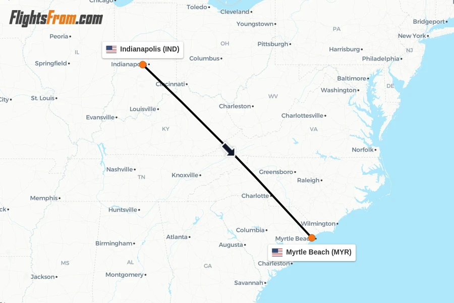 Flights from Indianapolis to Myrtle Beach route map