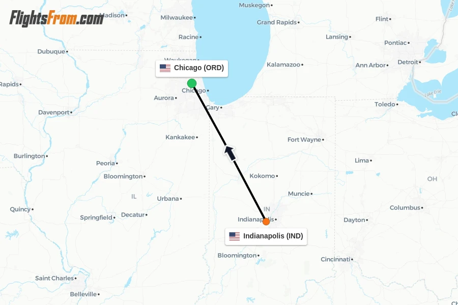 Flights from Indianapolis to Chicago route map