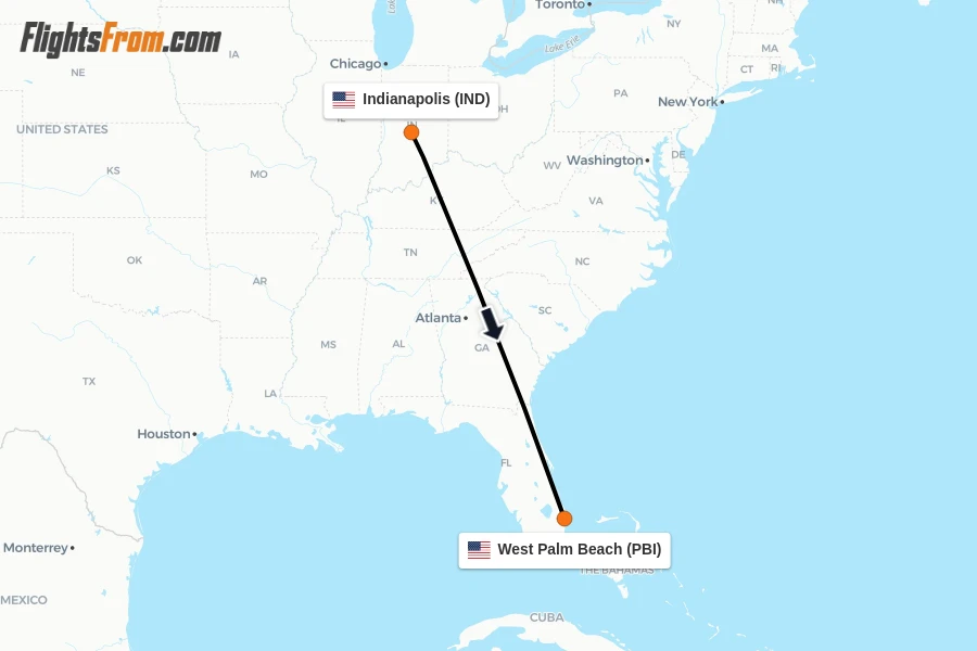Flights from Indianapolis to West Palm Beach route map