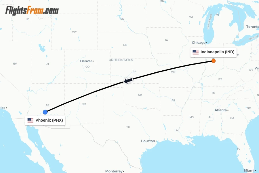 Flights from Indianapolis to Phoenix route map