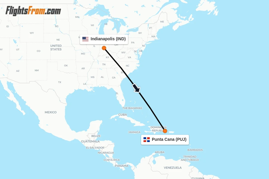 Flights from Indianapolis to Punta Cana route map