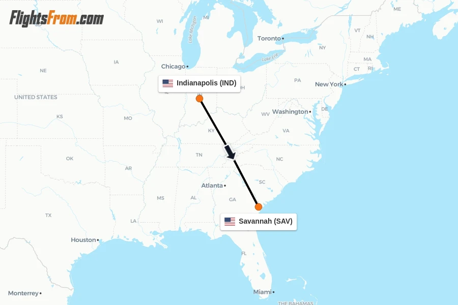 Flights from Indianapolis to Savannah route map