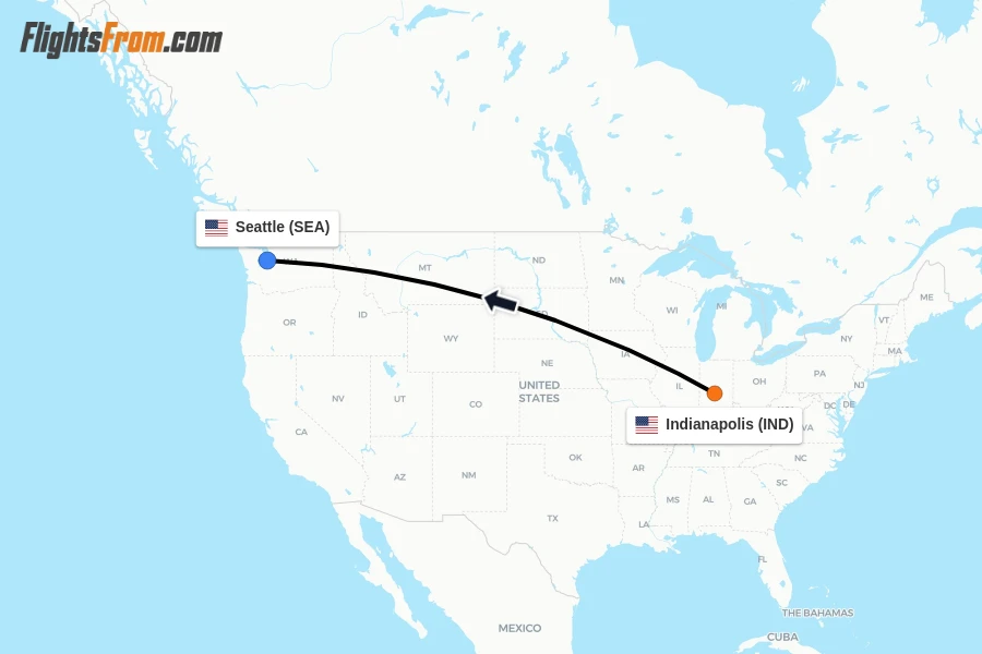 Flights from Indianapolis to Seattle route map