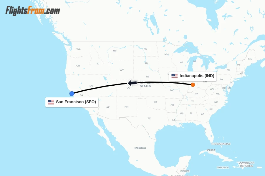 Flights from Indianapolis to San Francisco route map