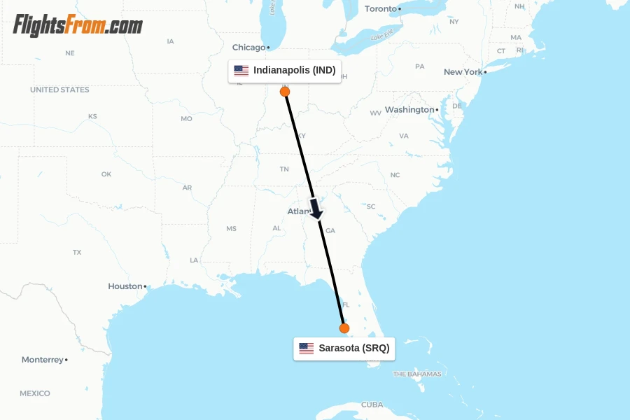 Flights from Indianapolis to Sarasota route map