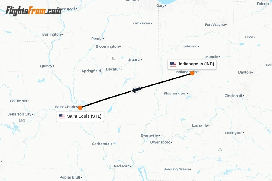 Flights from Indianapolis to Saint Louis route map