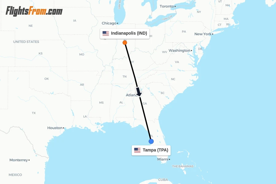 Flights from Indianapolis to Tampa route map