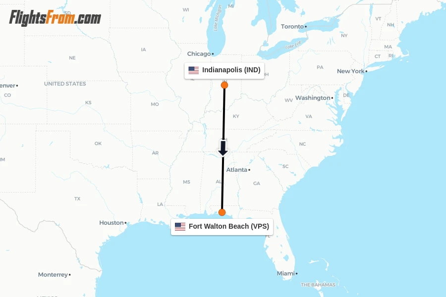Flights from Indianapolis to Fort Walton Beach route map