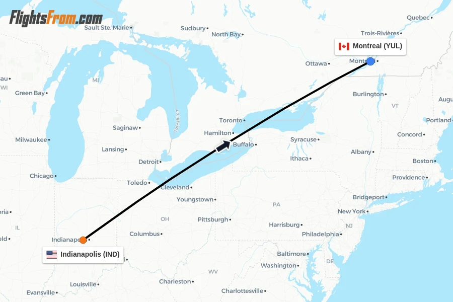Flights from Indianapolis to Montreal route map