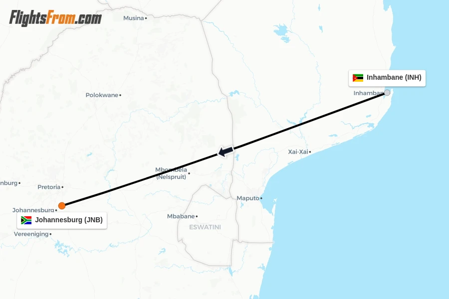 Flights from Inhambane to Johannesburg route map