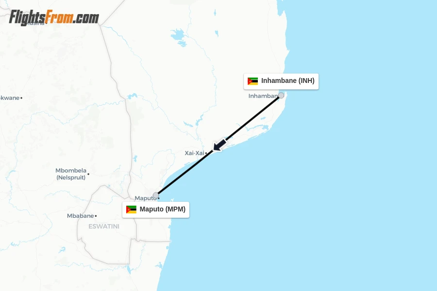Flights from Inhambane to Maputo route map
