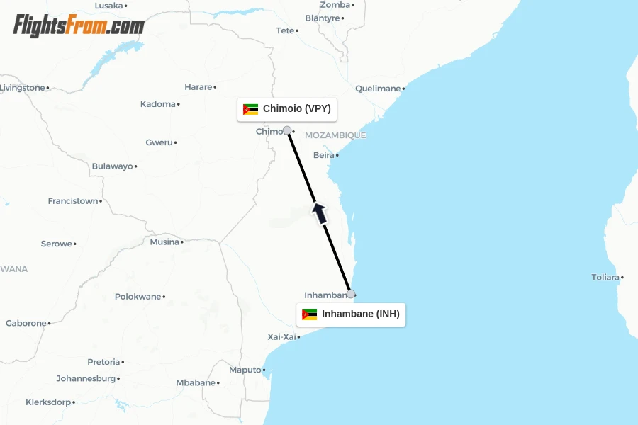 Flights from Inhambane to Chimoio route map